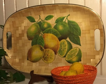 Retro Bamboo Serving Tray / Lemons and Limes /Mid Century Modern / Party Tray / Barware / Gift