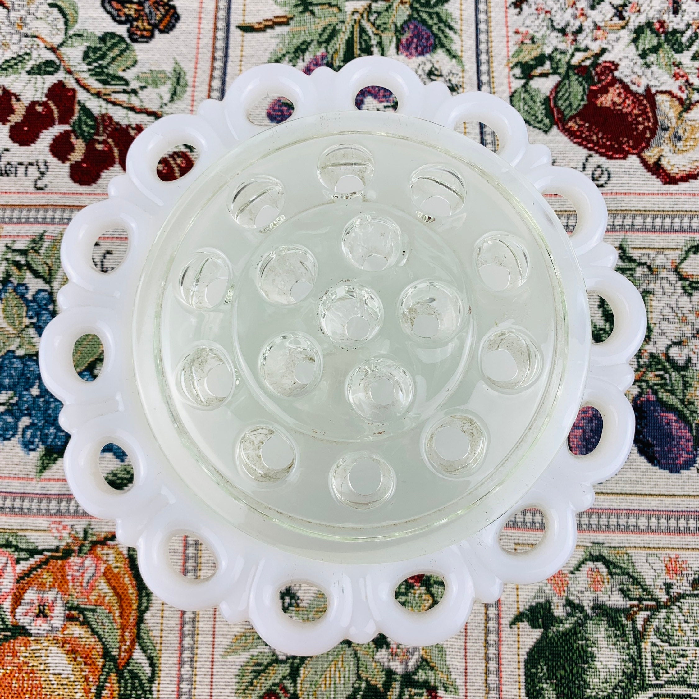 Vintage Milk Glass Compote Dish With Glass Flower Frog Etsy