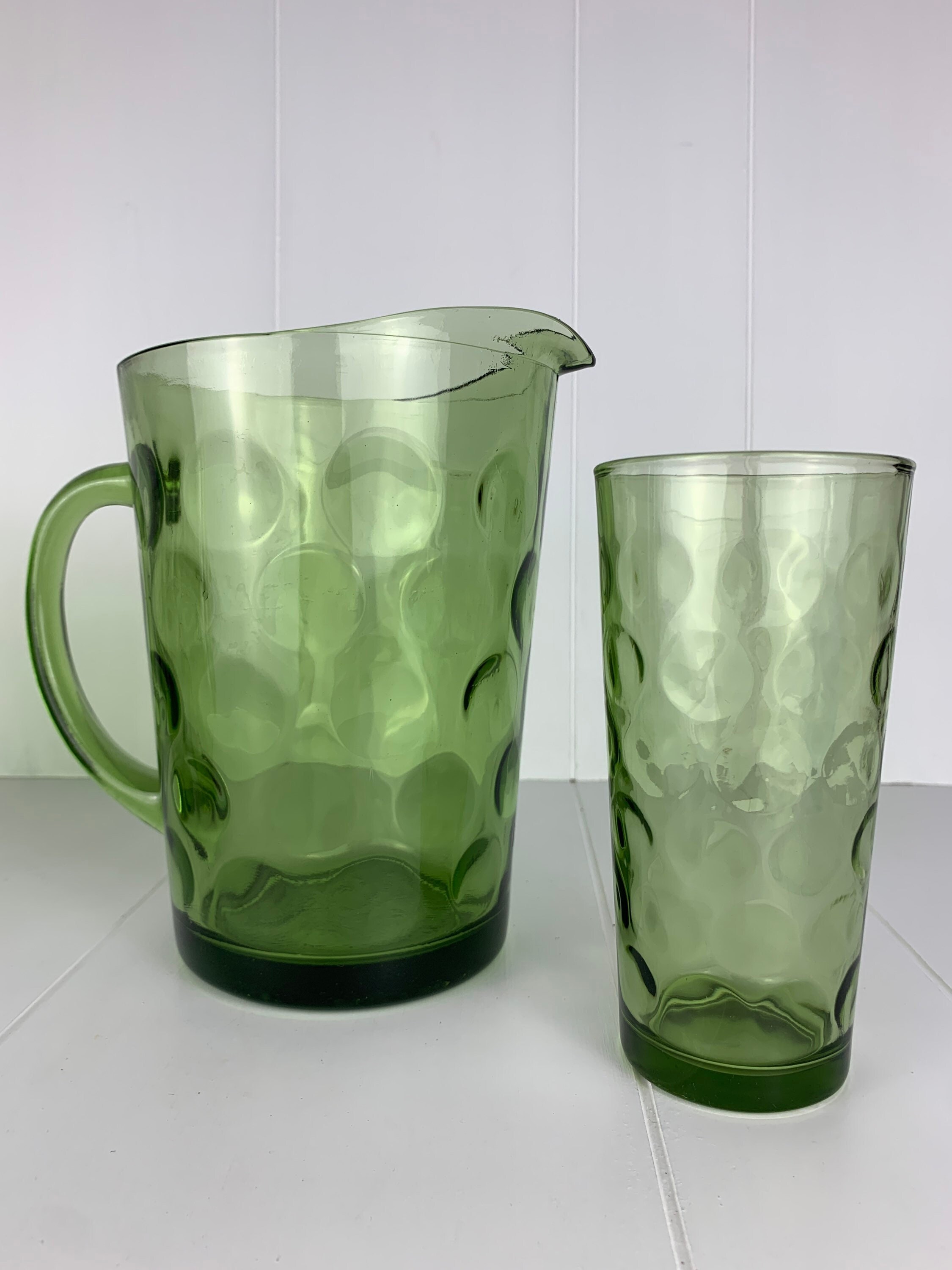 Vintage Green Glass Pitcher and Glass Set / Hazel Atlas / El Dorado