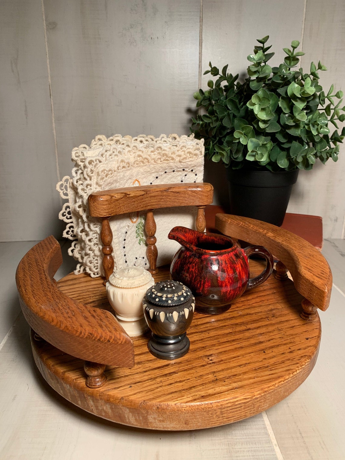 Vintage Oak Lazy Susan with Napkin Holder / Side Rails / Table Etsy