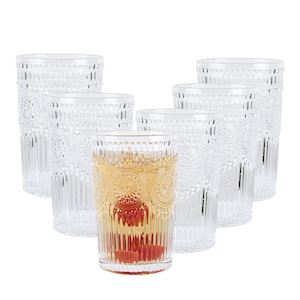 Set of 6, Embossed Highball Drinking Glasses, Tumblers for Cocktails, Hot and Cold Drinks