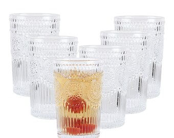 Set of 6, Embossed Highball Drinking Glasses, Tumblers for Cocktails, Hot and Cold Drinks