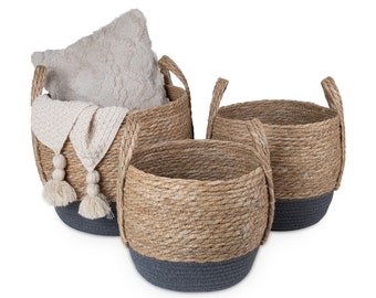 Natural Straw Woven Storage Basket, Home Organisation Hamper Basket with Handles