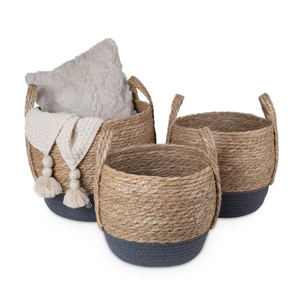 Natural Straw Woven Storage Basket, Home Organisation Hamper Basket with Handles