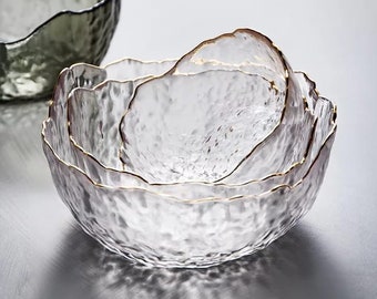 Wavy Gold Edge Glass Serving Bowls, Dishes for Salad, Fruits and Desserts