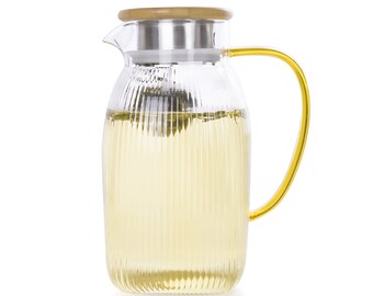 Glass Water Jug with Bamboo Lid for Fridge, Large Glass Pitcher Craft, Glass Carafe with Handle for Serving Hot & Cold Beverages, 1.7L