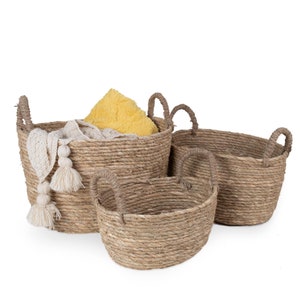 Natural Straw Woven Storage Basket, Home Organisation Hamper Basket with Handles