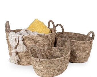 Natural Straw Woven Storage Basket, Home Organisation Hamper Basket with Handles