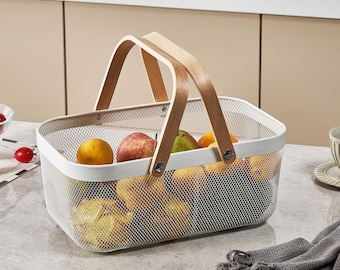 Mesh Wire Metal Storage DIY Basket with Wooden Handle for Kitchen, Bathroom