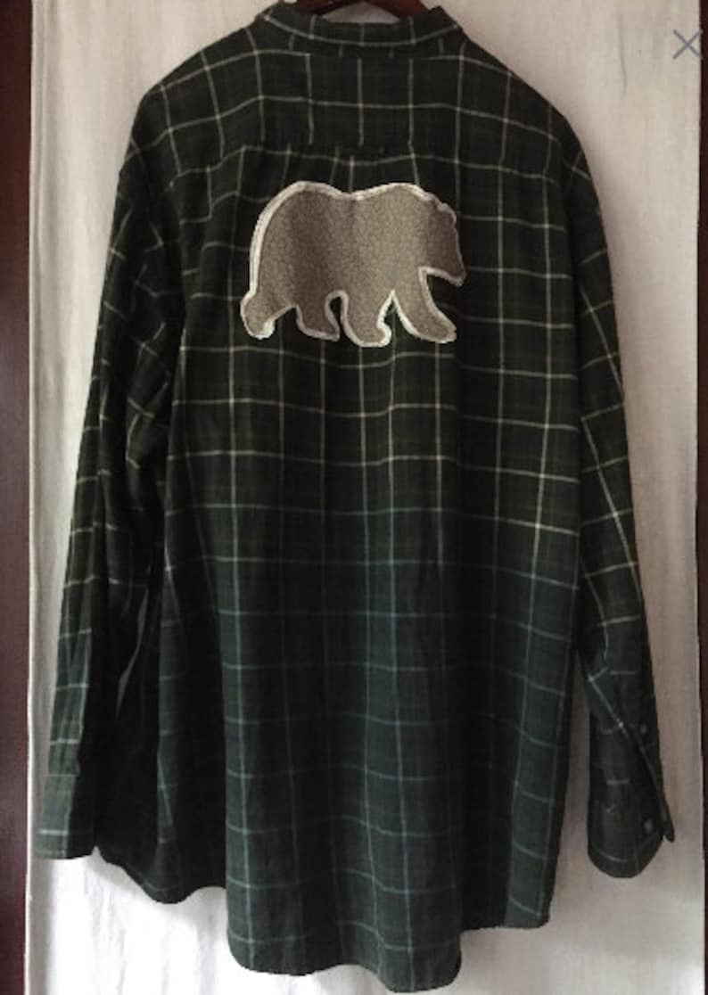 Oversized Flannel with Handmade Bear Patch Indigo Dyed