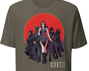 May include: A dark green t-shirt with a graphic of a group of people wearing masks and a red circle behind them. The text "COATL" is printed on the bottom of the shirt.