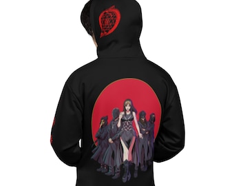 May include: Black hooded sweatshirt with a red circle graphic featuring a woman in black clothing with four other figures in black masks and cloaks. The graphic is set against a red background.