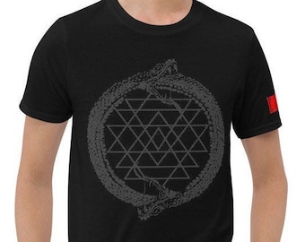 May include: Black t-shirt with a grey graphic of two snakes intertwined around a geometric pattern.