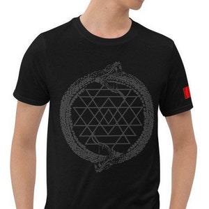 May include: Black t-shirt with a grey graphic of two snakes intertwined around a geometric pattern.