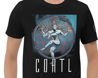 May include: Black t-shirt with a graphic of a multi-armed, serpentine figure in a circle with the word "COATL" below.