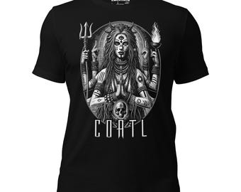 May include: Black and white graphic t-shirt featuring a deity with multiple arms, a skull, and the text "Coatl".