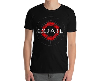 May include: Black t-shirt with a red and white graphic design featuring the text "COATL" in a circle with a starburst pattern.