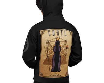 May include: Black hoodie with a graphic print of a woman with multiple arms holding various objects. The graphic is in a vintage style with a gold frame and the text "COATL KARMA".