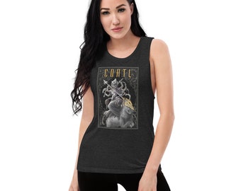May include: A dark heather grey sleeveless muscle tank top with a graphic print of a mythical creature with multiple arms holding a spear and riding a wolf. The text "COATL" is printed above the graphic.