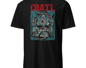 May include: Black t-shirt with a graphic print of a skull with an all-seeing eye and a pyramid. The text "COATL" is printed above the graphic.