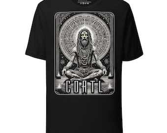 May include: Black t-shirt with a graphic of a man meditating in a circle with the text "COATL" underneath. The graphic is in shades of gray and white, with the man's eyes glowing green.