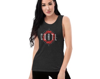 May include: A dark heather grey sleeveless muscle tank top with a red and white graphic design. The graphic features a circle with the word "COATL" written in white letters and a red design inside the circle.