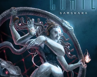 May include: A digital art illustration of a white, female figure with multiple arms and a snake-like body. The figure is wearing a silver and white outfit and has a third eye on her forehead. The background is a dark blue with the text "COATL SAMSKARA" in white.