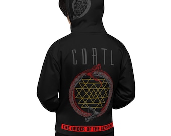 May include: Black hoodie with a graphic design featuring a red and gray serpent encircling a geometric shape. The word "COATL" is printed across the upper back, with "THE ORDER OF THE SERPENT" below. The hood has a matching design.