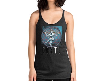 May include: A charcoal gray tank top with a graphic of a blue and red dancing figure in a circle. The text "COATL" is printed below the graphic.