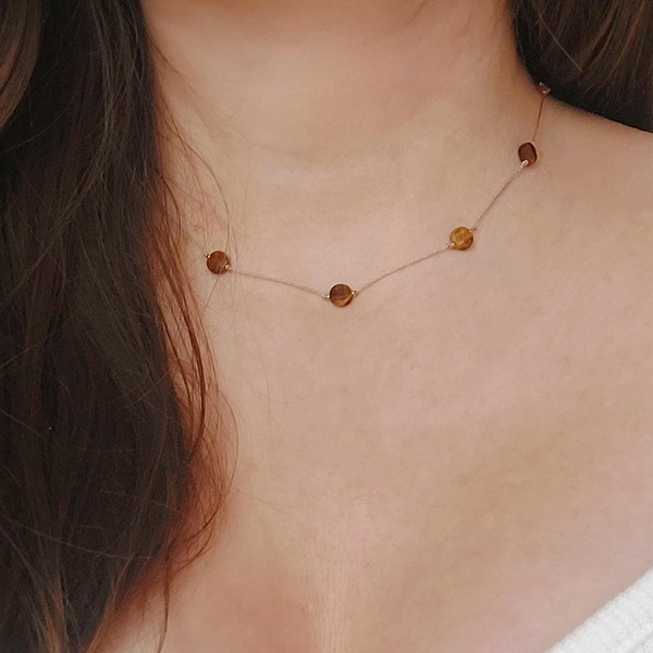Minimal Tigers eye cord choker, Beaded Tigers eye necklace on cord, Adjustable gemstone choker, Tigers eye jewelry, Delicate woman necklace