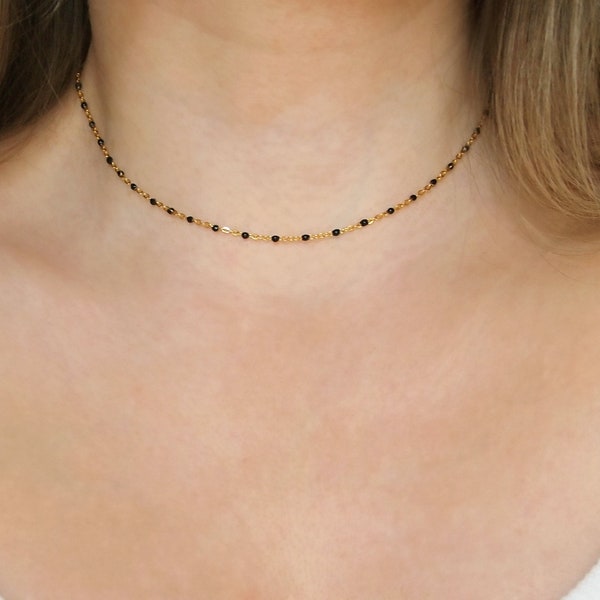 Beaded gold stainless steel necklace, Minimalist woman necklace, Black beaded choker, Dainty jewelry, Gift for her, Layered jewelry