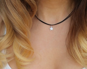 Dainty silver star choker, Black cord star choker, Celestial cord necklace, Little star charm choker, Celestial jewelry