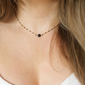 Dainty Black tourmaline necklace, Beaded black tourmaline choker, Layering gemstone necklace, Black everyday choker, Handmade gift for her image 1