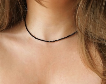 Thin Black tourmaline necklace, Minimal black tourmaline choker, Simple gemstone choker, Dainty beaded necklace, Black tourmaline jewelry