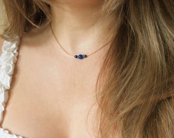 Lapis lazuli beaded necklace, Lapis lazuli cord choker, September birthstone choker, Dainty gemstone jewelry, Handmade gift for her
