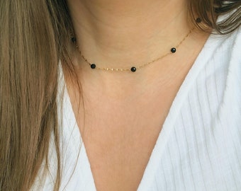 Delicado collar de turmalina negra, delicada gargantilla de piedras preciosas, collar de acero inoxidable, joyería de turmalina negra, collar en capas, regalo
