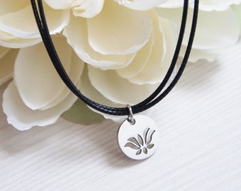 Lotus cord necklace, Silver coin lotus choker, Yoga choker necklace, Spiritual necklace, Black cord choker, Boho cord choker, Gift for girl