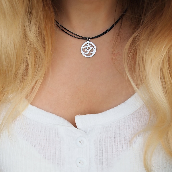 Silver Om sign choker, Aum sign stainless steel cord necklace, Spiritual Om symbol necklace, Boho cord necklace, Yoga choker, Aum charm