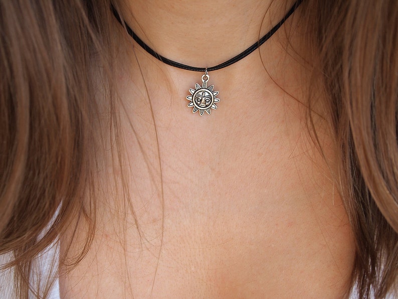 Sun face cord necklace Boho jewelry Celestial necklace Black cord choker Gift for friend Spiritual boho choker Silver sun charm choker