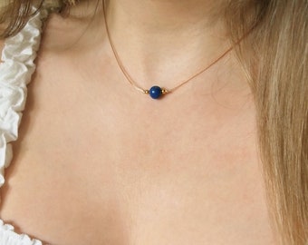 Collar de cordón de lapislázuli, gargantilla de lapislázuli, collar de piedra de nacimiento de septiembre, gargantilla de piedras preciosas simple, regalo hecho a mano para ella, joyería de Lapis