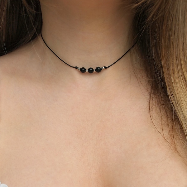 Beaded black tourmaline cord necklace, Black tourmaline choker, Root chakra necklace, Beaded gemstone crystal choker, Black choker,  bcc1