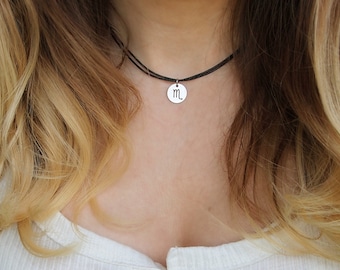 Scorpio coin choker, Scorpio zodiac sign necklace, Zodiac boho necklace, Birthday gift for Scorpio, Constellation choker, Black cord choker