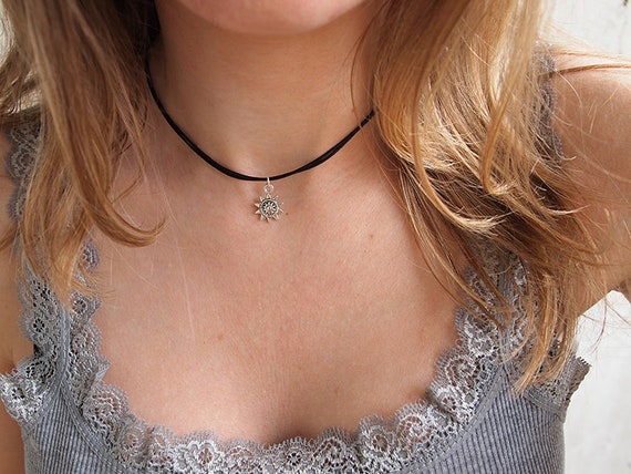Sun face cord necklace Boho jewelry Celestial necklace Black cord choker Gift for friend Spiritual boho choker Silver sun charm choker
