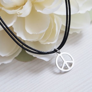 Silver peace sign necklace, Peace sign cord choker, Peace sign charm necklace, Spiritual necklace, Boho cord jewelry, Black cord choker,