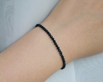 Dainty Black tourmaline bracelet, Stretch gemstone bracelet, Beaded no clasp bracelet, Stacking bracelet, Black bracelet, Gift for her