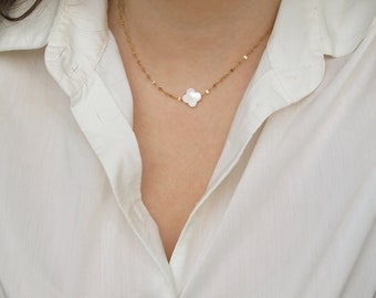 Collier trèfle à quatre feuilles en nacre, collier trèfle en acier inoxydable, collier femme délicat à superposer, collier simple de tous les jours