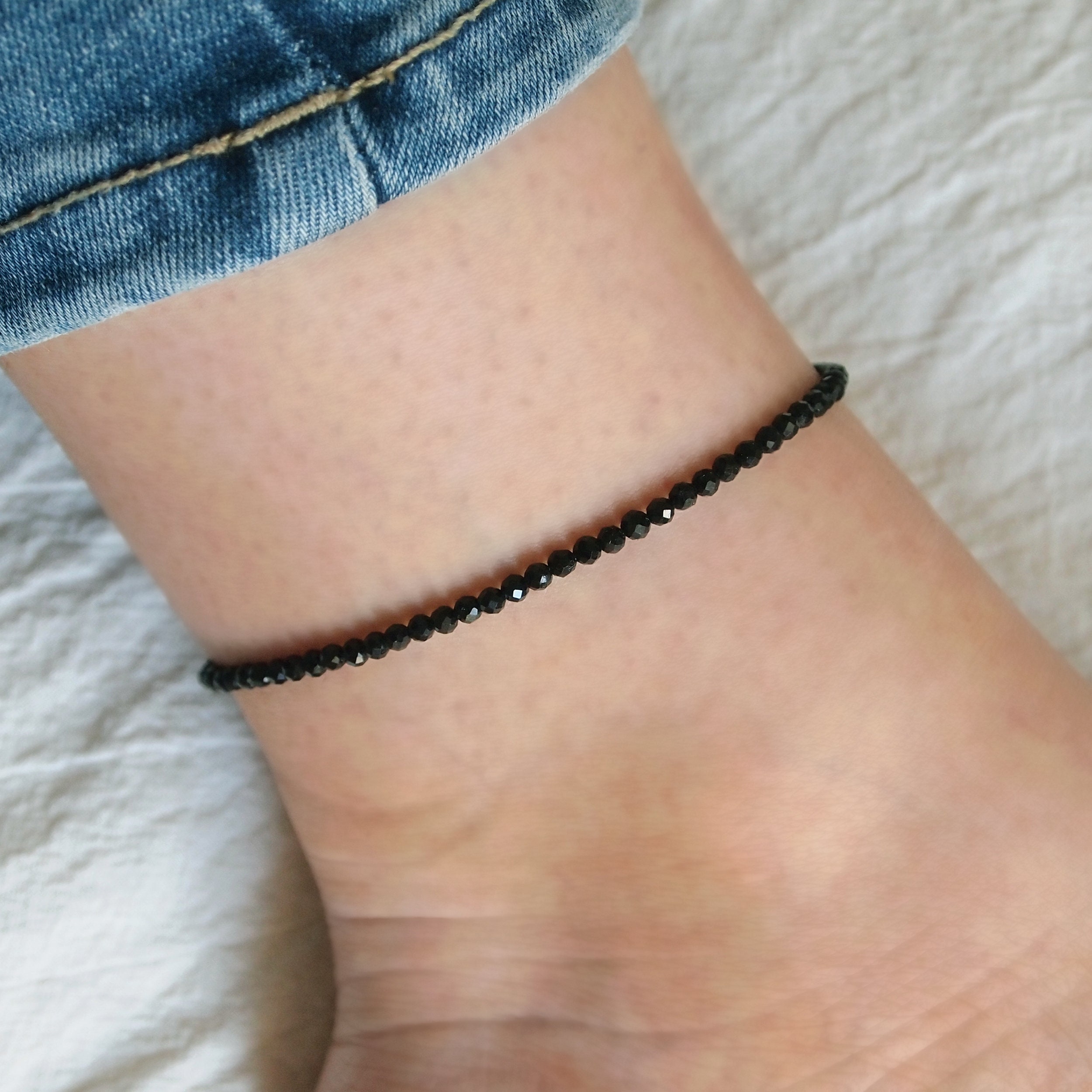 Simple Black tourmaline anklet, Stretch gemstone anklet, No clasp anklet, Black tourmaline jewelry, Black ankle bracelet, Gift for her