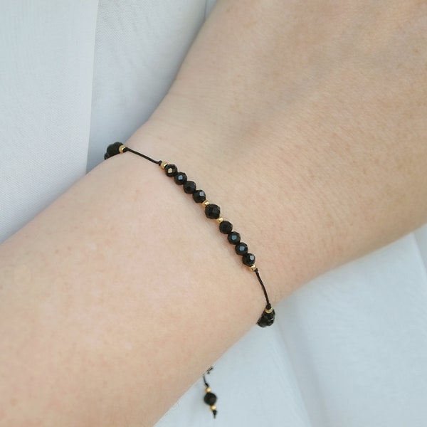 Very minimal black tourmaline bracelet, Dainty beaded black tourmaline bracelet, Black tourmaline jewelry, Adjustable cord bracelet, Gift