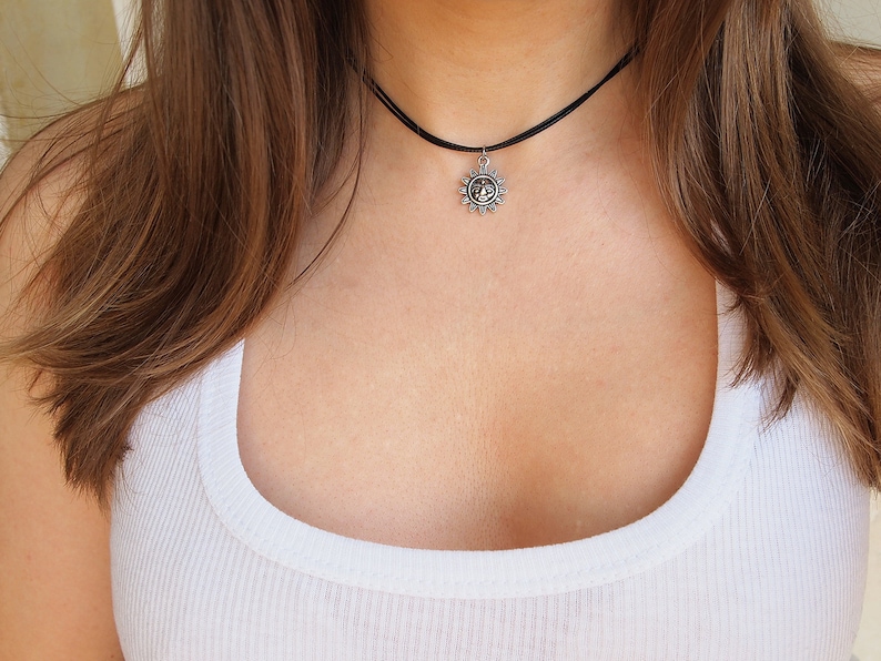 Sun face cord necklace Boho jewelry Celestial necklace Black cord choker Gift for friend Spiritual boho choker Silver sun charm choker
