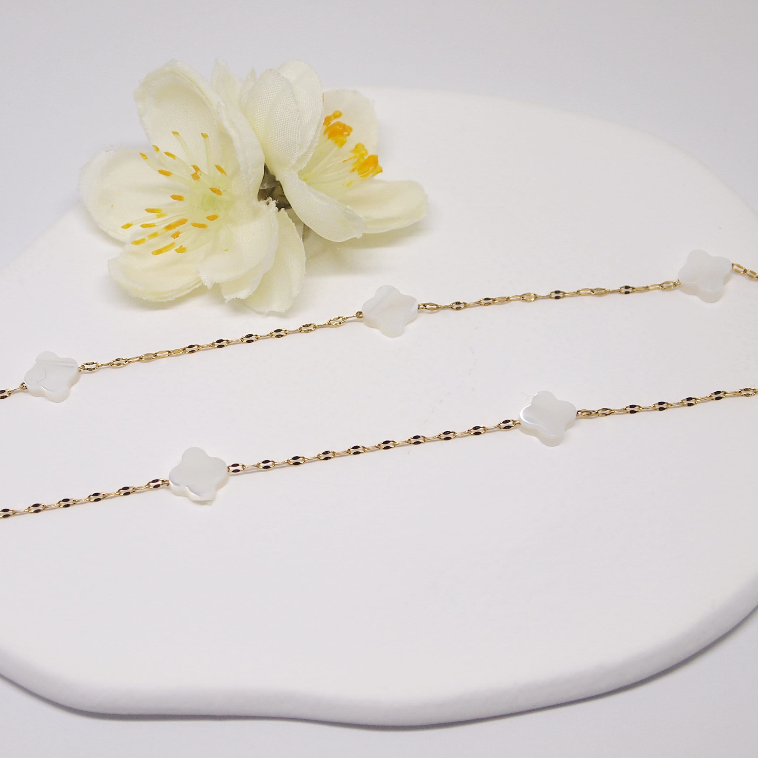 Delicate Clover Leaf Mother of Pearl Necklace, Fine